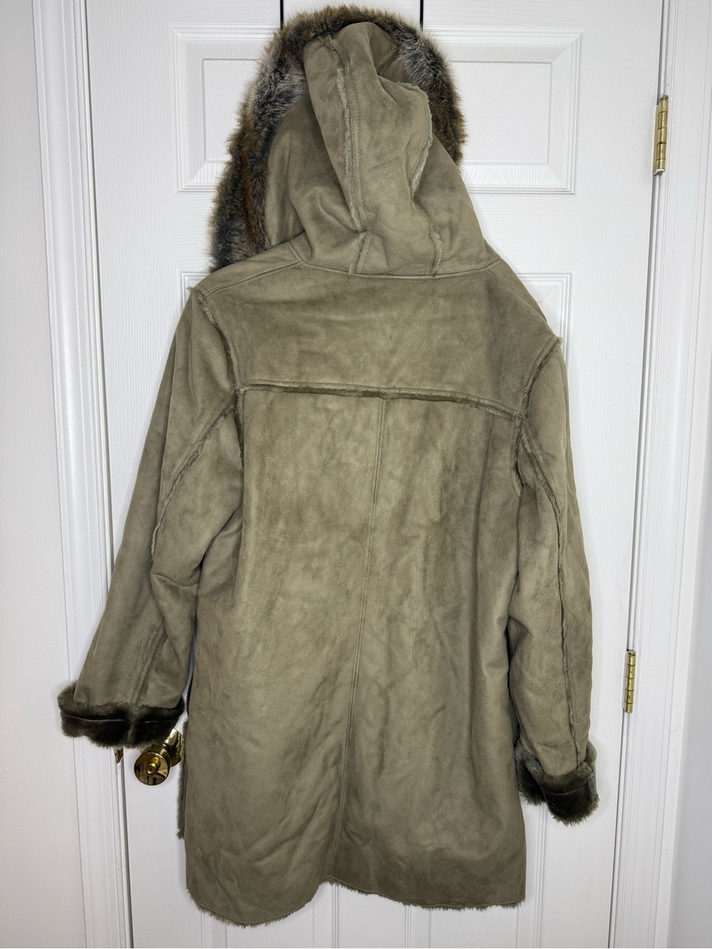 Chadwick’s Faux Suede Shearling Coat XL Olive Green Hooded Toggle Winter Jacket